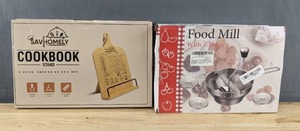 lot 96 image: Brand New Bamboo Recipe Book Holder with Measurement Conversion Chart and Pantula Rotary Food Mill with 3 Interchangeable Disks $44.97 Total Retail N