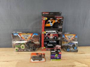 lot 375 image: 5 Brand New Toy Vehicle Sets MAXX Action Fire & Rescue, Monster Jam, Mario Kart Deluxe 8 Yoshi Kart and Matchbox 1980 AMC Eagle B