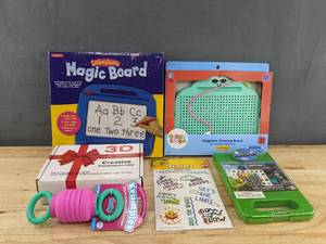 lot 210C image: Brand New Childrens Toys - Lakeshore Magnet Board, Gigglescape Magnetic Drawing Board, 3D Creative Visualization Lamp, Minecraft Travel Clipboard Sketchpad, Crayola Stickers, and Krumples Pulley Fidget B