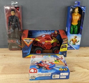 lot 227A image: Brand New Marvel Ironman Monster Jam RC Remote Control Monster Truck, DC Comics 12 Aquaman Action Figure, DC Comics The Batman 12 Selina Kyle Action Figure and LEGO Marvel Spider-Mans Car and Doc Ock Building Set 10789 B