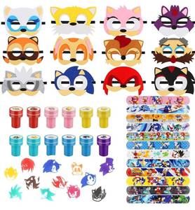lot 95 image: Pack of 36 Brand New Sonic The Hedgehog Birthday Party Favors Masks, Stamps, and Slap Bracelets N