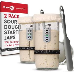 lot 97 image: Brand New KNEADACE Sourdough Starter Jar With Date Marked Feeding Band, Thermometer, Jar Scraper, Sewn Cloth Cover & Metal Lid, Starter Kit (2 Pack) $36.98 Retail N