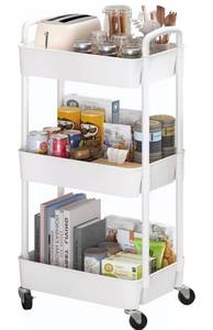 lot 245 image: New Sywhitta 3-Tier Plastic Rolling Utility Cart with Handle (White) B