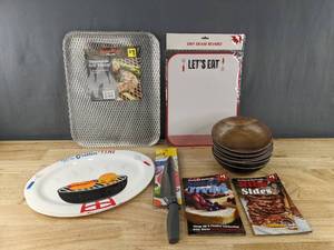 lot 98C image: Brand New A Collection of Grill Recipe Books, Hyvee Grill Cover, Bowls,  and Platter D