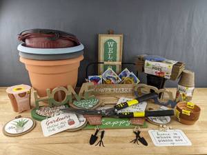 lot 844A image: Brand New Gardening Themed Lot Plant Tags, Wall Signs and Home Decor, Seed Starter Pots, Gardening Sheers, Garden Flag, Seeds and More D