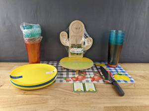 lot 833A image: Brand New A Collection of Fun 6 Round Plates, Cups, Place Mats, Glad Knife, and Cactus Tequila Board D