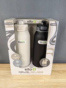 lot 29 image: 2 Pack Brand New Ello Pop to Fill 32 Oz Stainless Steel Water Bottles, Dunes & Charcoal N