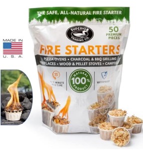 lot 18 image: 50 Brand New Superior Trading Fire Starter Pods in Resealable Bag - Fire Starters for Campfires, BBQ, Grill, Pit, Wood Stove & Charcoal Starter, 15-20-Min Burn Z