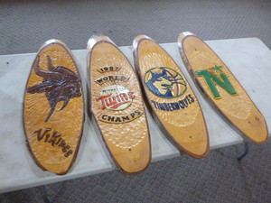 lot 55 image: 4 Hand Carved Minnesota Professional Sport Teams Wooden Plaques