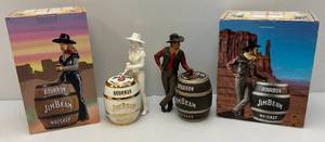 lot 24 image: Misc. Vintage Collectible Jim Beam Collectors Society Cowboy & Cowgirl Decanters In Original Boxes (EMPTY)