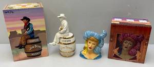 lot 26 image: Misc. Vintage Collectible Jim Beam Collectors Society Cowboy Decanters & Saloon Girl Planter In Original Boxes (EMPTY)
