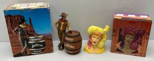 lot 113 image: Jim Beam Collectors Society Cowboy Decanter In Original Box (EMPTY) & Saloon Girl Flower Vase (NIB)