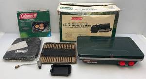 lot 187 image: Pre-Owned COLEMAN 2-Burner Electric Ignition Grill Stove Combo With Carry Case & Griddle In Original Box