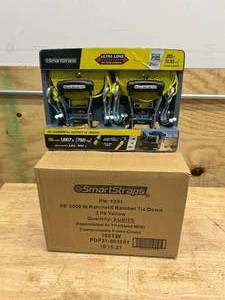 lot 31 image: SMARTSTRAPS Case of 3 Packs of- Commercial-Grade RatchetX J-Hook Tie-Downs, 14ft. x 1 12in., 2 Pack, 5,000-Lb. Breaking Strength (2 straps per pack)