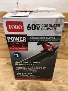 lot 30 image: Toro 60V Cordless Blower With 4Ah Battery And Charger Model # 51822