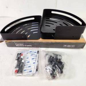 lot 49 image: Black 3 Shelf Shower Caddy Rust Proof Easy To Install Complete Accessories Open Box