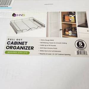 lot 80 image: HNS Pull Out Cabinet Organizer 22W x 21D Heavy Gauge Metal Ball Bearing Tracks For Smooth Sliding Holds Up to 50 Pounds