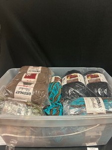 Tote of Brown, Black, Mix Blue, & Mix Green Bernat Blanket Yarn
