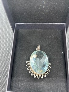 .925 Sterling Silver Stamped Large Aquamarine Necklace Pendant