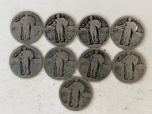 LOT OF 9 STANDING LIBERTY QUARTES MIXED DATES OR NO DATES