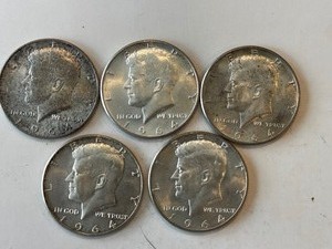 LOT OF 5 KENNEDY HALF SILVER DOLLARS 1964