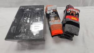 lot 9 image: Wool Socks, Toasting Glasses