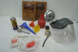 lot 1 image: Automotive, face shield and plastic and tin funnels