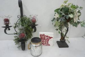 lot 20 image: Wall sconces metal , metal floral decor , Minnesota plague, solar jar