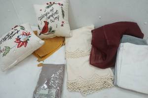 lot 26 image: home decor lot curtains, swag 8-10 yards, large cotton crochet table cloth, hand towels, table runner, 2 new Christmas throw pillows