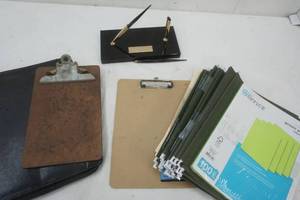lot 32 image: Vintage desk set with ink pens, other file holders and other