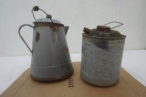 lot 52 image: Graniteware coffee pot and old oil can