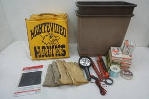 lot 63 image: Large lot, garbage cans, empty bullet boxes, fish line, new spotlight, gloves, and other