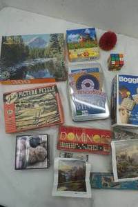 lot 64 image: large game and puzzle lot NEW Bingo game, assortment of puzzles, dominoes and more