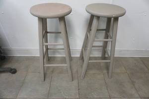 lot 108 image: 2 wooden stools. grey color. great shape. standard height. 30