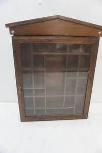 lot 111 image: wood display cabinet with glass door 16.5x13.5x 2
