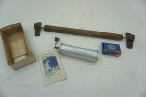 lot 208 image: antique lot. cookie press, salt and pepper shakers, towel holder