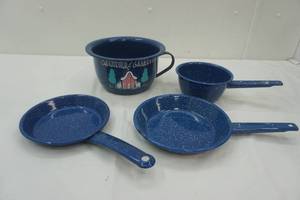 lot 214 image: enamelware. 2 pans 2 pots. blue. one is hand painted Grandmas and Grandpas
