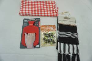 lot 249 image: kitchen accessory lot towels, potholder, picnic table clips, cloth table cloth