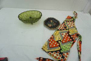 lot 266 image: vintage green glass serving bowl, painted plate, and apron