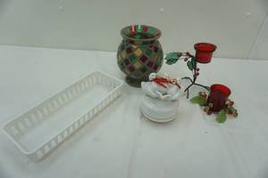 lot 286 image: home decor glass mosaic vase, candle holders, goose music box