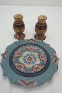 lot 287 image: wooden home decor salt and pepper shakers and painted decorative plate