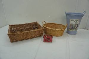 lot 319 image: wicker baskets and decorative metal bucket lot