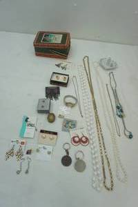lot 327 image: jewelry lot necklaces, earrings, watch, tin, ring dish