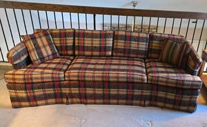 lot 83 image: Quality Plaid Curved Front Sofa