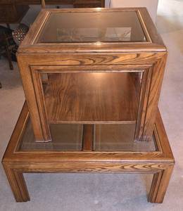 lot 88 image: Pair of Coordinating Oak and Glass End and Coffee Tables