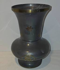 lot 113 image: Distinctive Chinese Pewter Vase with Brass Overlays