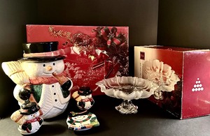 lot 131 image: Wonderful Christmas Collection Including Christmas Story Platter, Crystal Footed Platter and Snowman Cookie Jar, Salt and Pepper Shakers and Trinket Dish