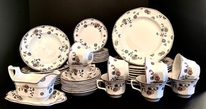 lot 133 image: Vintage Adams English Ironstone Vermont Dinner Plates, Salad Plates, Teacups, Saucers and Gravy Boat