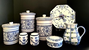 lot 134 image: Beautiful Blue and White Canisters, Clock, Salt and Pepper Shakers and More