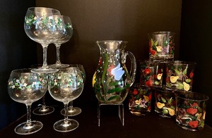 lot 138 image: Gorgeous Fruit and Floral Glassware Including Hand Painted Tulip Design Clear Glass Pitcher MCM